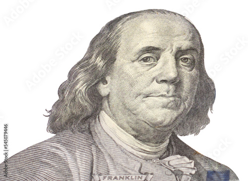 Portrait of former U.S. President Benjamin Franklin on the hundred dollars isolated on white background.