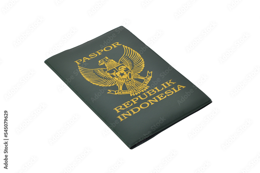 Republic of Indonesia passport book with green cover on white background Republic of Indonesia passport book with green cover on white background