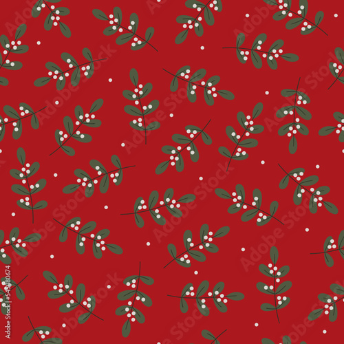 Christmas pattern with branch of mistletoe on red background.