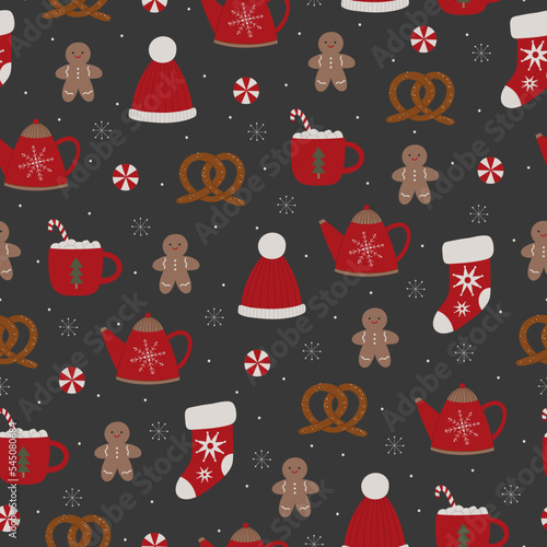 Christmas pattern with ginger bread man, cup, hat, teapot, bagel, sock and snowflakes.