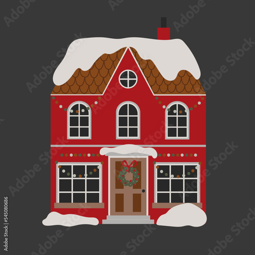 Christmas red house. Vector illustration.