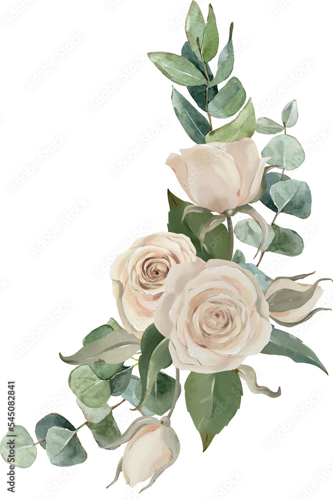 Watercolor traditional floral bouquet, ivory roses and dusty greenery