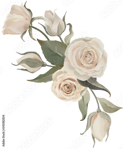 Watercolor traditional floral bouquet, ivory roses and dusty greenery