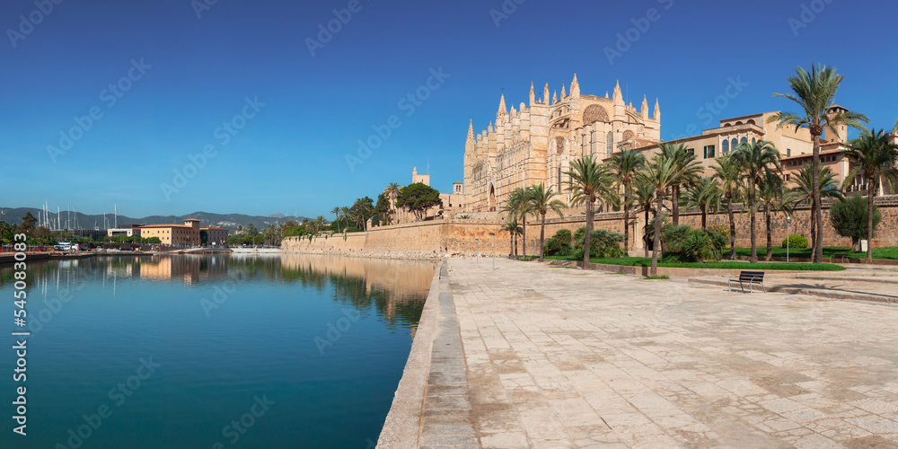 Catedral-Basilica de Santa Maria de Mallorca in Palma, Balearic Islands, Spain. Sunny Day. Panoramic View