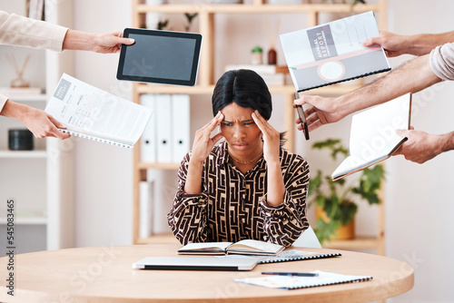 Stress, burnout and multitask with hands and a black woman in business feeling overwhelmed or overworked. Compliance, documents and deadline with a female manager trying to balance work tasks photo