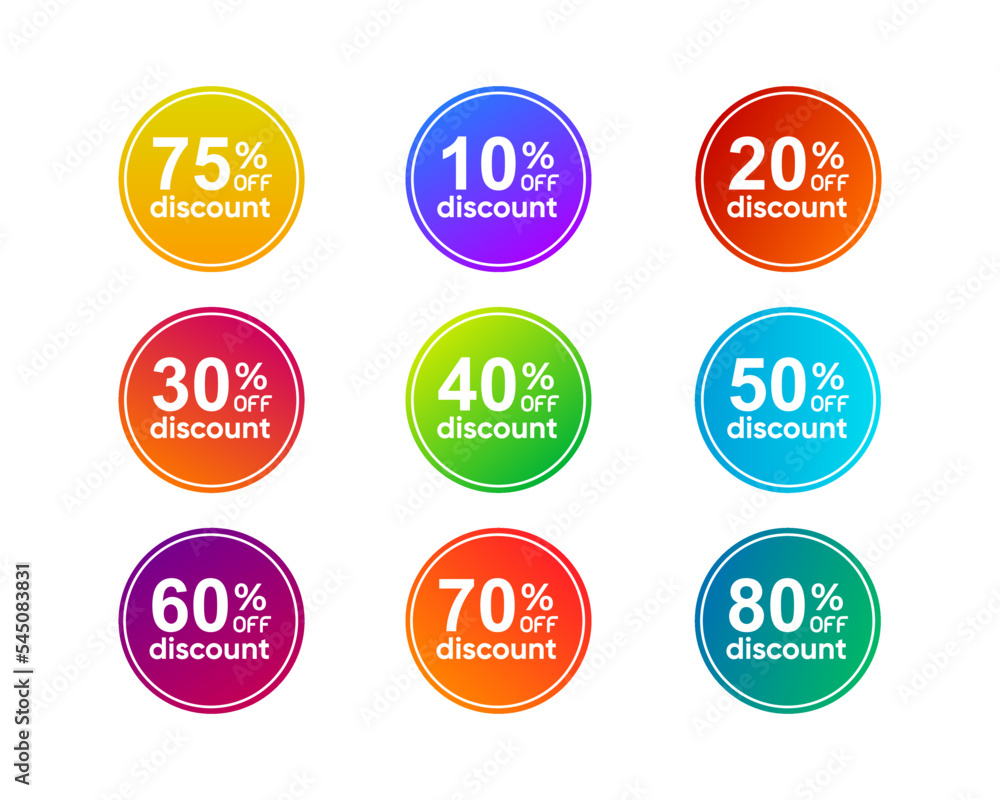 Gradient discount stickers set with 10, 20, 30, 40, 50, 60, 75, 80 percentage off. vector collection Gradient discount stickers set with 10, 20, 30, 40, 50, 60, 75, 80 percentage off. vector collection
