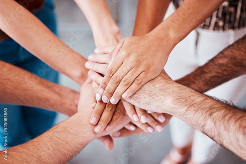 Top view  hands and together to connect  for support and solidarity and team building for success  agreement and being community. Hand gesture  group stack pile and connection for loyalty and unity.