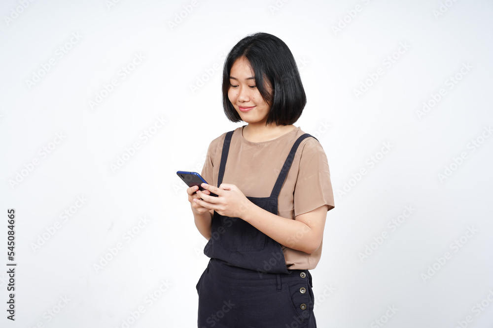 Using Smartphone and Smiling Of Beautiful Asian Woman Isolated On White Background Using Smartphone and Smiling Of Beautiful Asian Woman Isolated On White Background