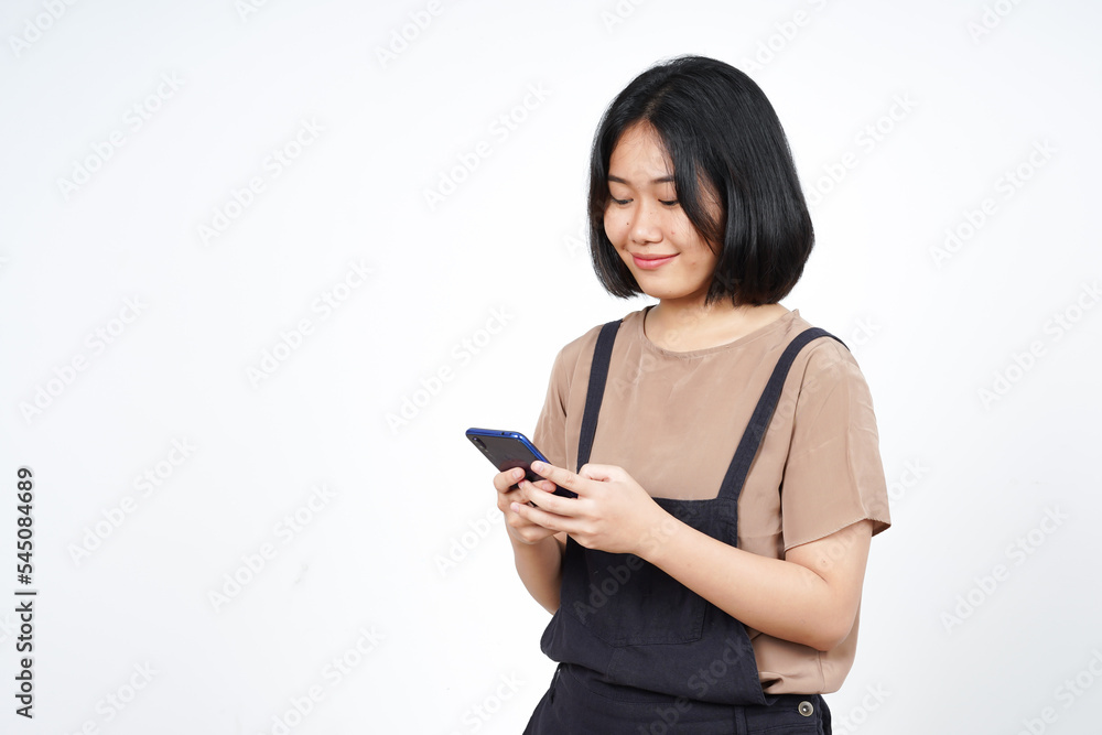 Using Smartphone and Smiling Of Beautiful Asian Woman Isolated On White Background Using Smartphone and Smiling Of Beautiful Asian Woman Isolated On White Background