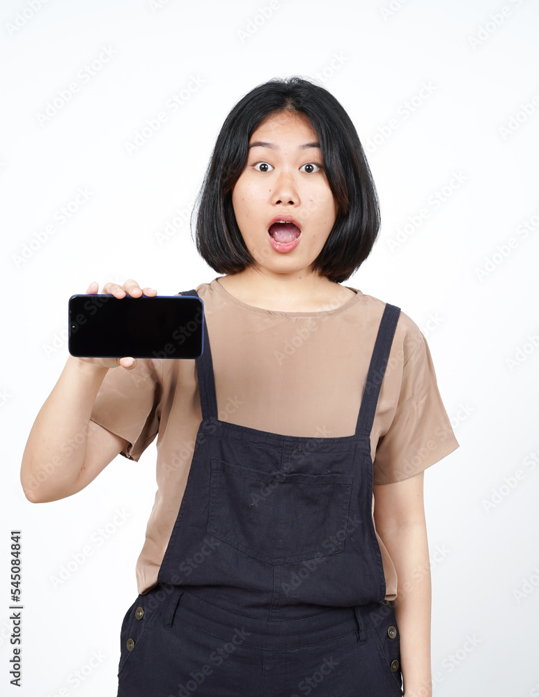 Showing Apps or Ads On Blank Screen Smartphone Of Beautiful Asian Woman Isolated On White Background Showing Apps or Ads On Blank Screen Smartphone Of Beautiful Asian Woman Isolated On White Background