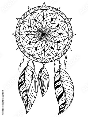 Outline dream catcher with beads and feathers, mascot coloring page