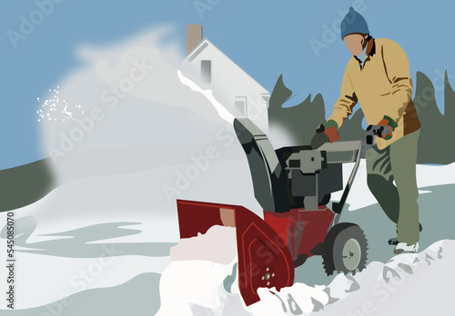 An old man is dredging a pile of snow and clearing a road using a machine in winter in a light colored jacket. Snow vacuuming machine and snowflakes