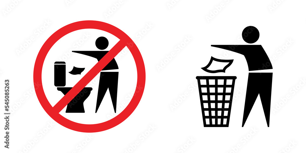Throw in the trash, Do not throw in the toilet symbols isolated PNG