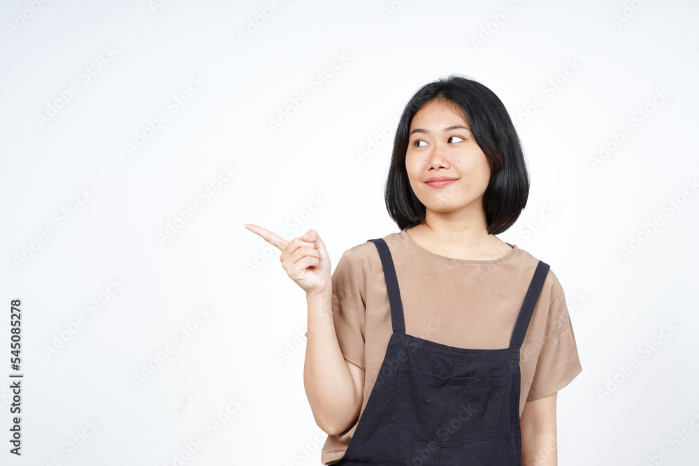 Showing Product and Pointing Side Of Beautiful Asian Woman Isolated On White Background Showing Product and Pointing Side Of Beautiful Asian Woman Isolated On White Background
