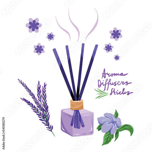Lavender purple aromatic aroma diffuser sticks with flowers decoration vector illustration with cartoon flat art style drawing, colored and isolated on plain white background. Calming spa themed.