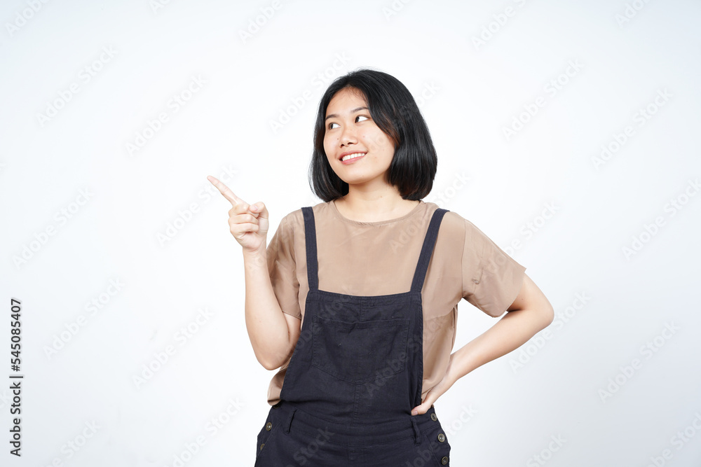 Showing Product and Pointing Side Of Beautiful Asian Woman Isolated On White Background Showing Product and Pointing Side Of Beautiful Asian Woman Isolated On White Background