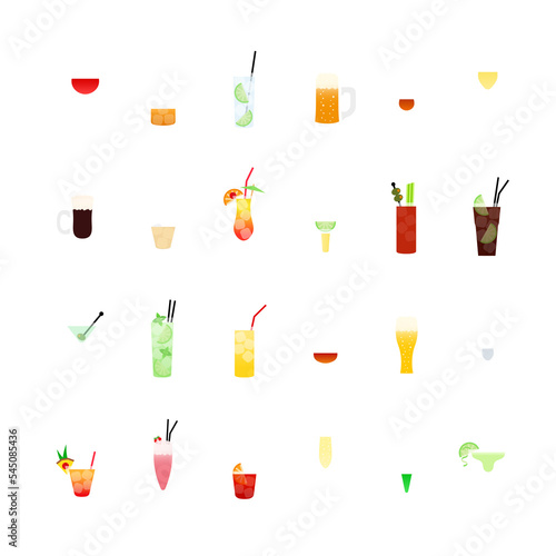 Alcoholic drinks and cocktails, flat icons set isolated PNG