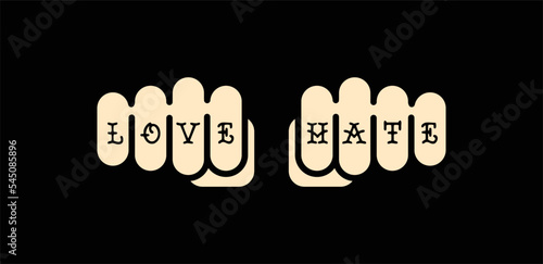 Love and hate knuckle tattoo. Valentine love card. Text on fist. Love vector illustration