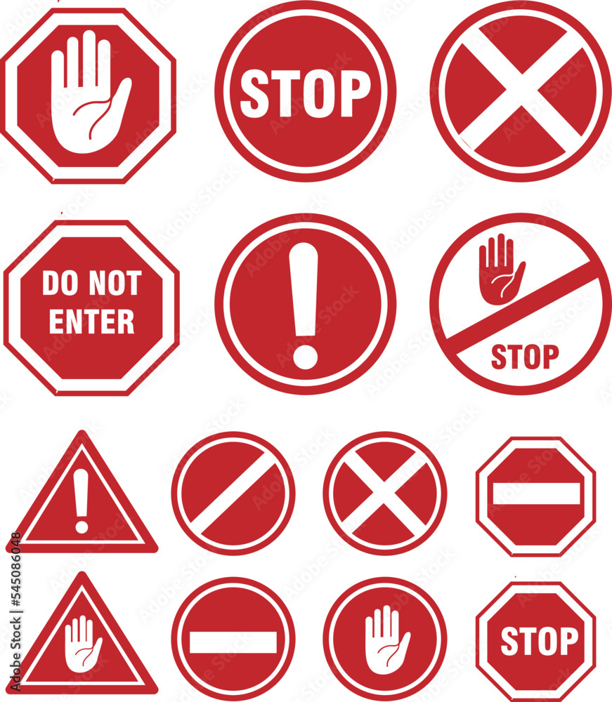 Set stop red sign icon with white hand, do not enter. Warning stop sign vector on white background..eps