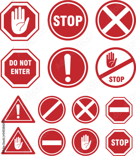 Set stop red sign icon with white hand, do not enter. Warning stop sign vector on white background..eps