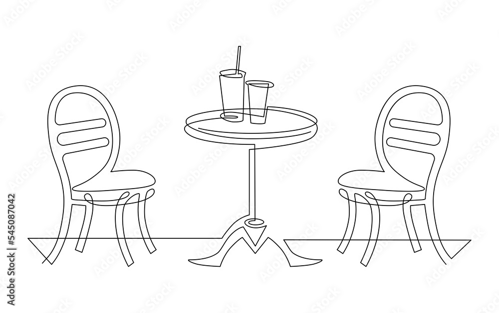 Street Cafe. Two chairs near a table with cocktails. Continuous line drawing illustration Street Cafe. Two chairs near a table with cocktails. Continuous line drawing illustration