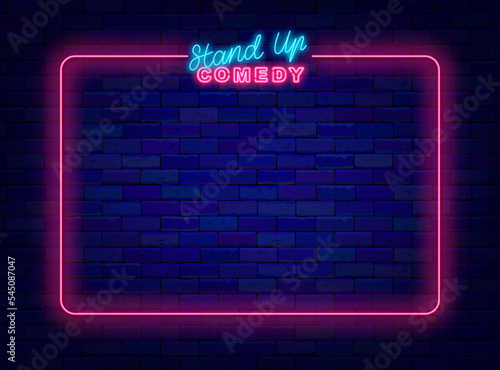 Stand up comedy neon advertising. Comic night poster. Pink shiny frame on brick wall.Vector stock illustration