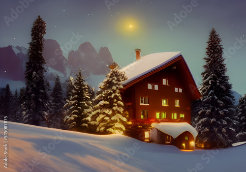 Winter landscape. Cottage on background of hill and forest. Wooden houses in countryside. New year in cottages. Country hotels Christmas evening. Renting house for large group. Winter village. AI