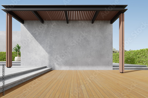 3d render of exterior wooden balcony with large empty concrete wall. photo