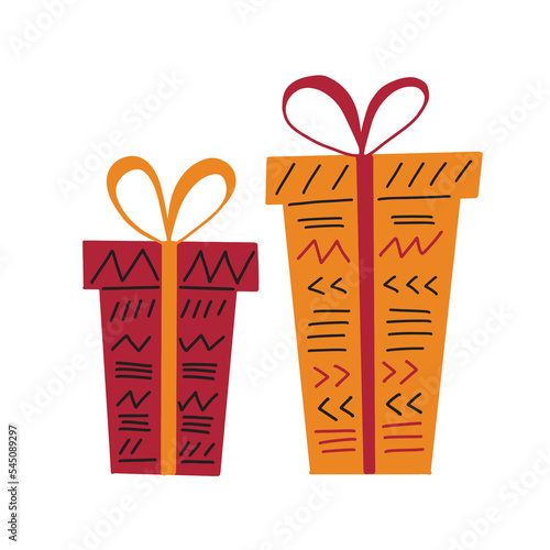 2 gift boxes in simple hand drawn style decorated with ribbon, bow, paper with tribal ethnic ornaments - lines, triangles. Kwanzaa presents Zawadi cute clip art. Vector illustration isolated on white