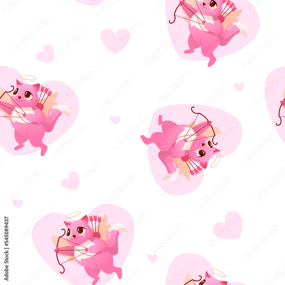 Cupid Сat Seamless Pattern on a White Background. Funny Amur. Heart Hunter. Valentine's day. Vector cartoon for wedding, children's clothing, packaging and other holidays. Cupid Сat Seamless Pattern on a White Background. Funny Amur. Heart Hunter. Valentine's day. Vector cartoon for wedding, children's clothing, packaging and other holidays.