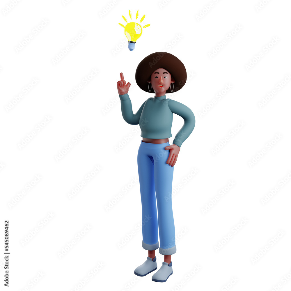 3D illustration. Smart 3D Afro Girl Cartoon has a great idea. shows the light bulb above. with hands on hips. 3D Cartoon Character 3D illustration. Smart 3D Afro Girl Cartoon has a great idea. shows the light bulb above. with hands on hips. 3D Cartoon Character