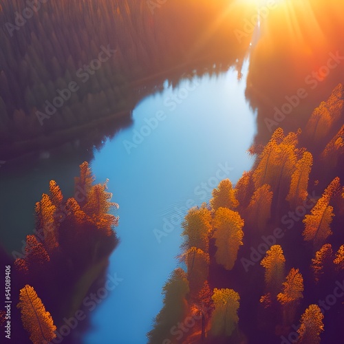 Aerial Photography of Water Beside Forest during Golden Hour