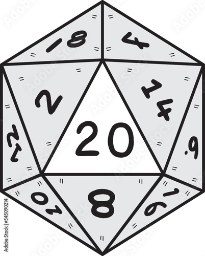 Dice d20 for playing Dnd. Dungeon and dragons board game. Treasures, paladin sword. 