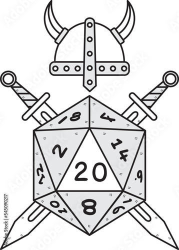 Dice d20 for playing Dnd. Dungeon and dragons board game. Treasures, paladin sword. 