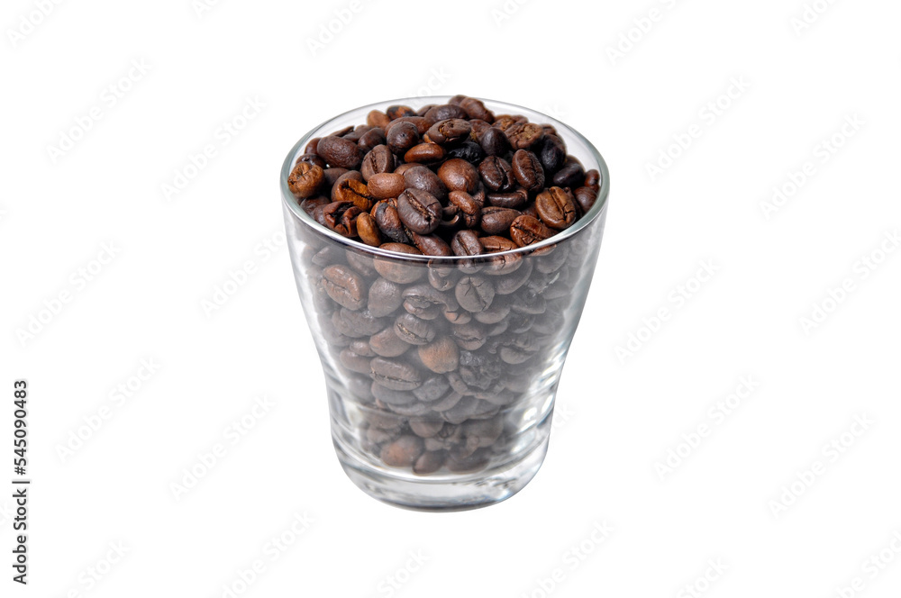 Roasted coffee beans are in a glass on a white background Roasted coffee beans are in a glass on a white background