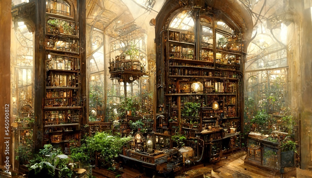 Fototapeta premium Botanical garden Fantasy library with hundreds of books 