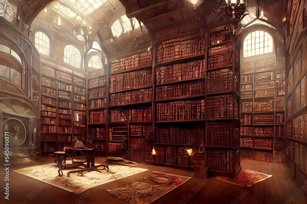 Great Victorian Fantasy library with hundreds of books in castle Stock ...