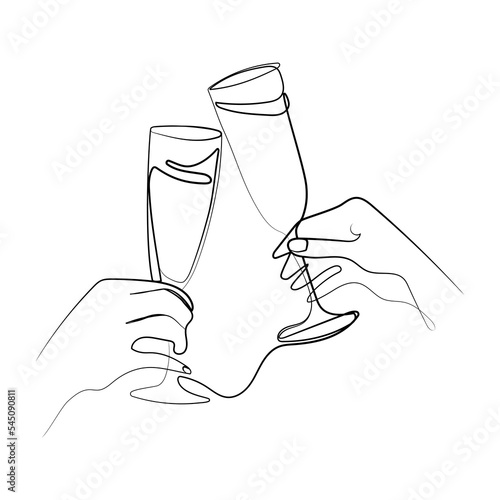 Two Hands cheering with glasses of champagne Continuous line drawing vector illustration.Two glasses of champagne in hands.Minimalist one line drawing style.design element for Celebration design
