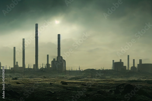 power station  pollution  power plant in sandstorm in dystopic world  dark mood