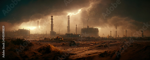 Leinwand Poster power station, pollution, power plant in sandstorm in dystopic world, dark mood