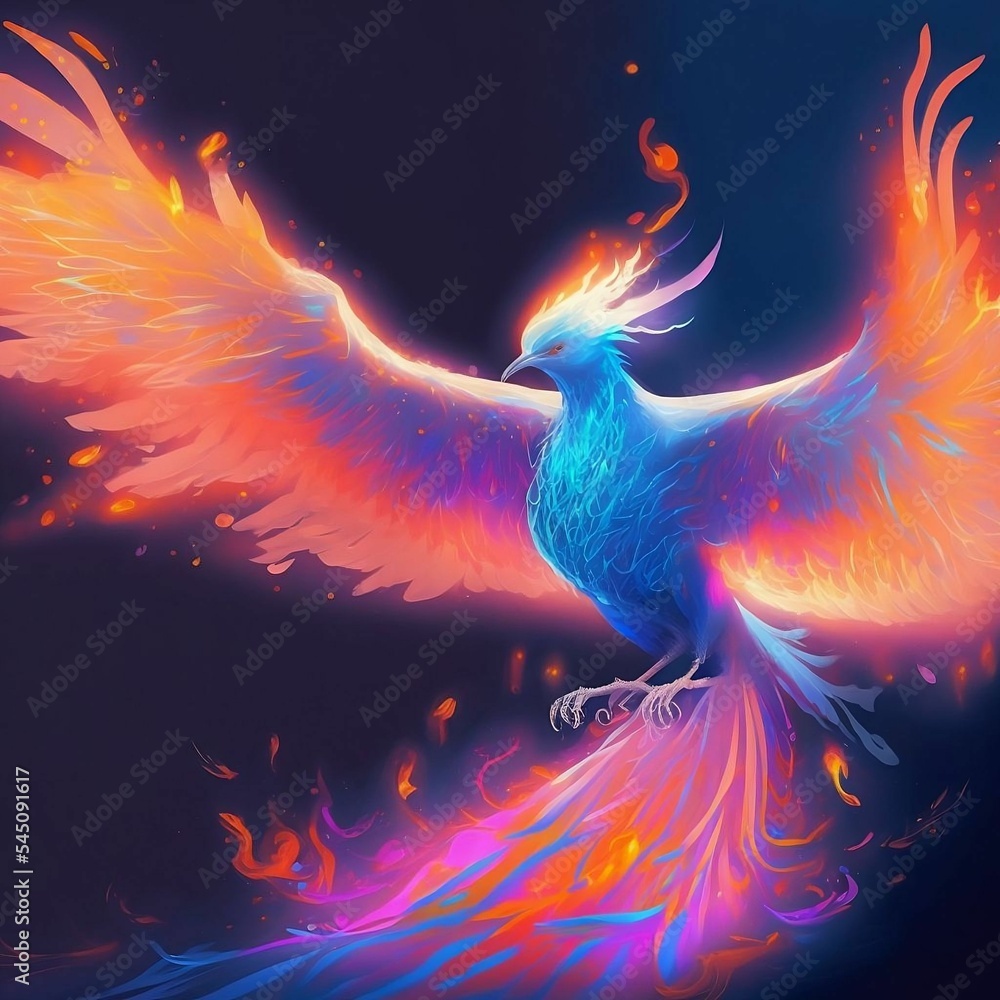 Obraz premium Phoenix Animal Patronus Glowing Spirit Animal Apparition Patronus in Glowing UV on a Black Background | Created Using Midjourney and Photoshop