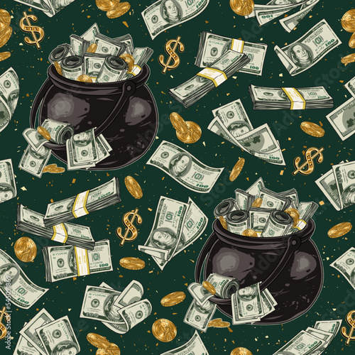 Money seamless pattern with cast iron cauldron full of cash money in vintage style. Gold one dollar coins, wads, stacks of 100 US dollar banknotes on a green background. Detailed vector illustration