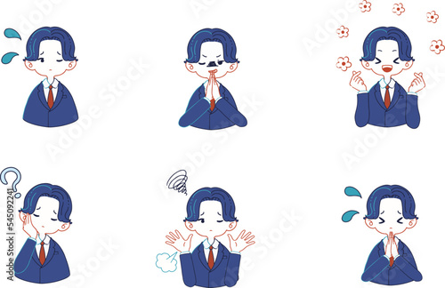 スーツ姿の人物の様々な表情のイラストセット