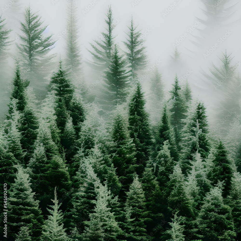 Green Pine Trees Covered With Fogs Under White Sky during Daytime - obrazy, fototapety, plakaty 