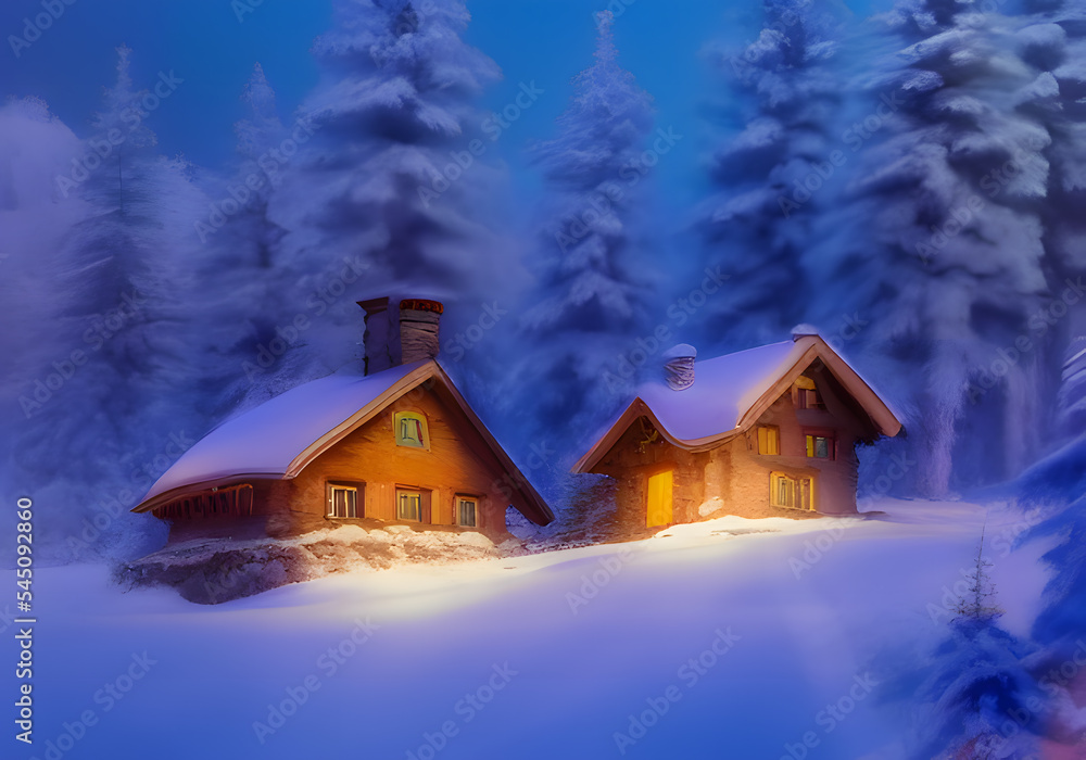 Winter landscape. Cottage, mountain and hill and forest. Wooden houses in countryside. New year in cottages. Country hotels Christmas evening. Renting house for large group. Winter village, Wonderland