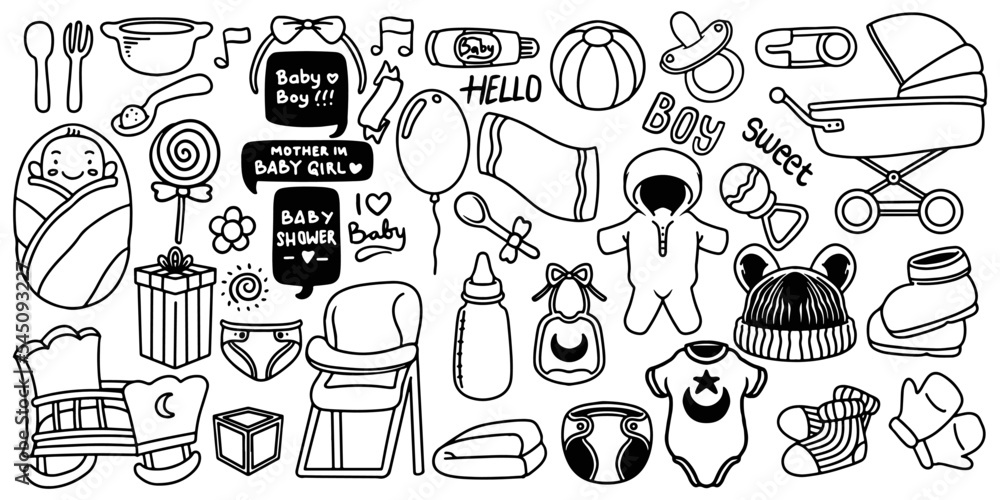 Naklejka premium Hand drawn set of new born baby shower toys isolated on white background.