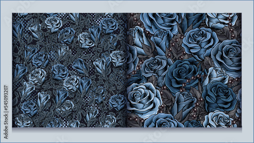 Set of blue camouflage patterns with roses roses, gray leaves, round halftone shapes, chains. Dense composition with random overlapping elements. Good for female apparel, fabric, textile, sport goods.