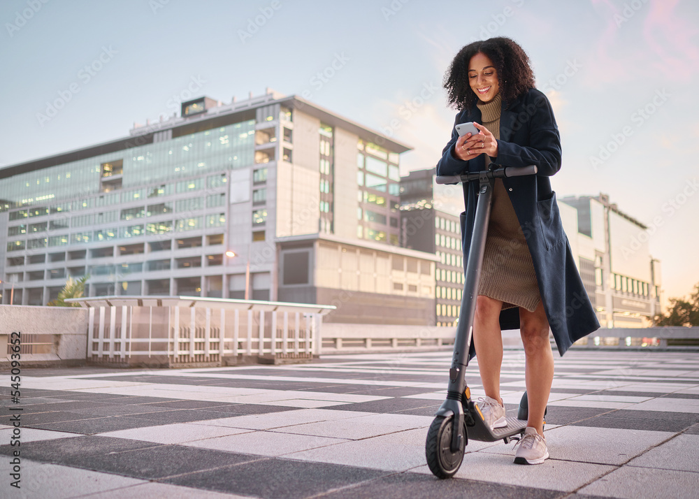 Black woman, electric scooter and smartphone in city, for communication and outdoor to connect. Travel, female and girl with cellphone for chatting, social media and browse online to search internet. - obrazy, fototapety, plakaty 