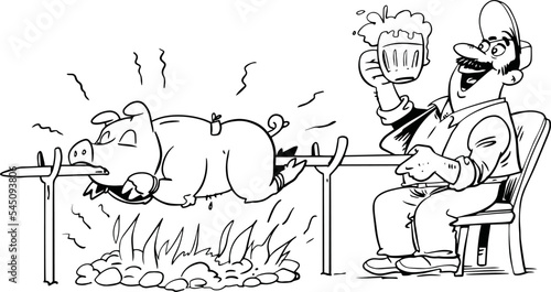 Man roasts a whole pig over a fire. Black and white vector illustration