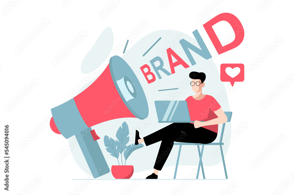 Branding team concept with people scene in flat design. Man promoting new  brand and makes advertising campaign, using digital marketing tools.  Illustration with character situation for web Illustration Stock | Adobe  Stock